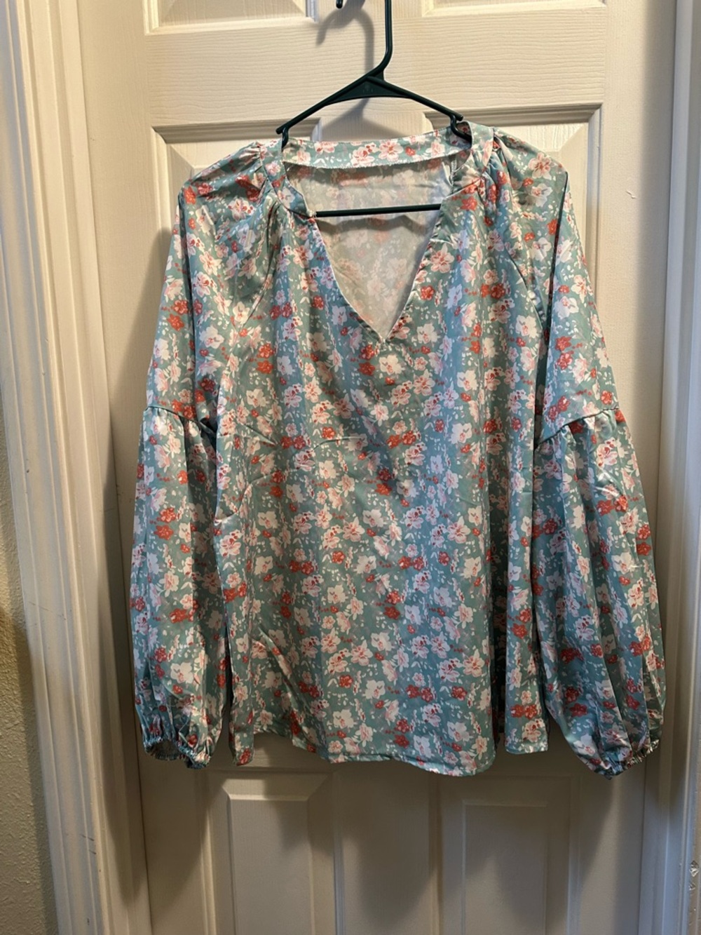 Floral V-Neck Long Sleeve Blouse - Mint with Coral Flowers